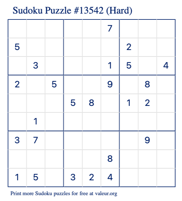 Free Printable Hard Sudoku Puzzle number 13542