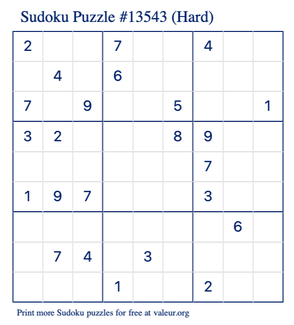 Free Printable Hard Sudoku Puzzle number 13543