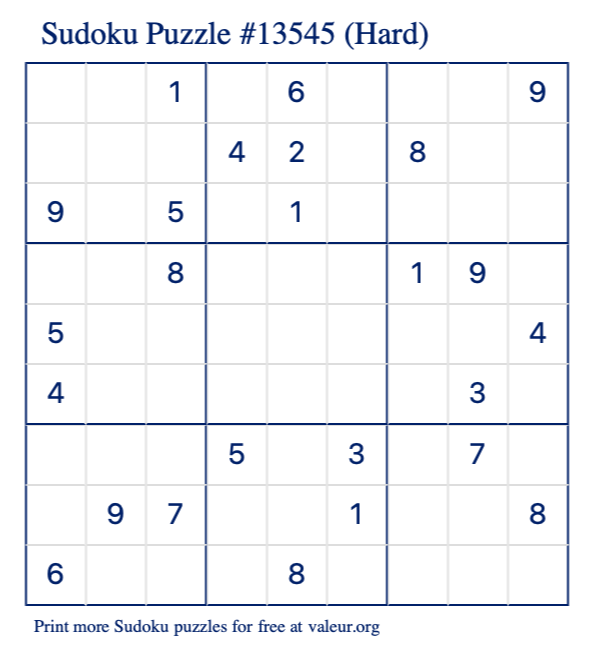 Free Printable Hard Sudoku Puzzle number 13545