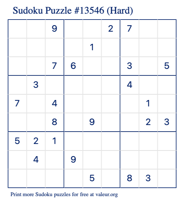 Free Printable Hard Sudoku Puzzle number 13546