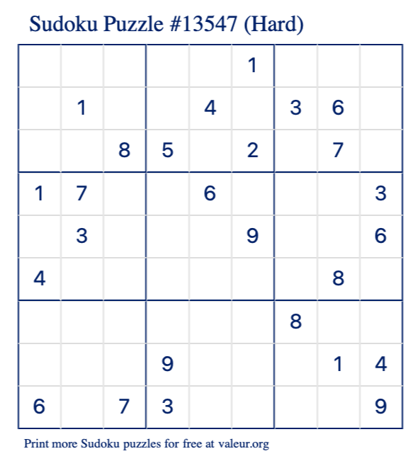 Free Printable Hard Sudoku Puzzle number 13547