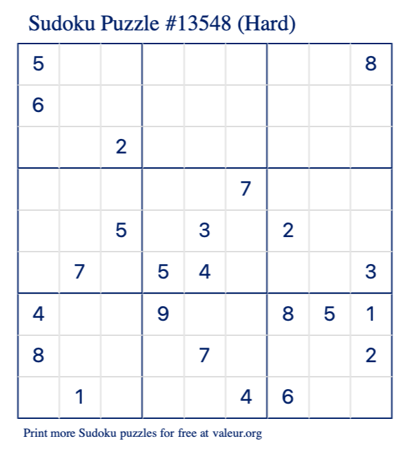 Free Printable Hard Sudoku Puzzle number 13548