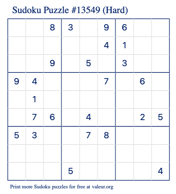 Free Printable Hard Sudoku Puzzle number 13549