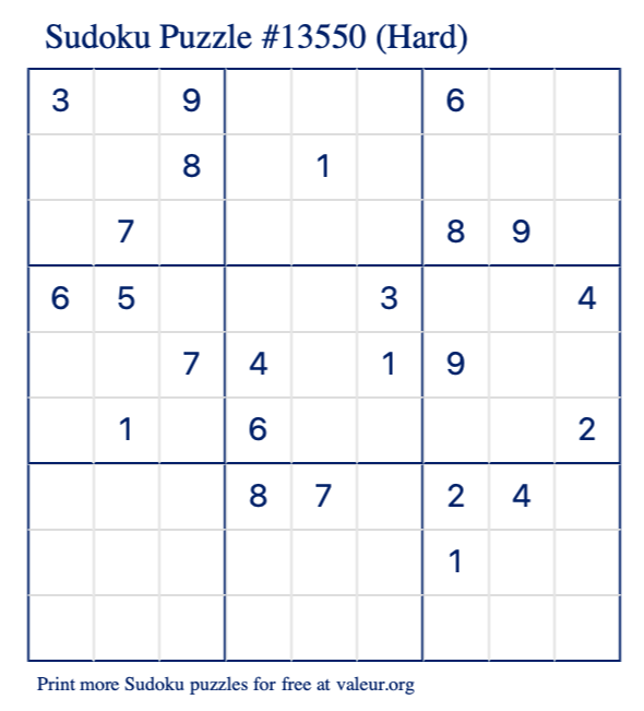 Free Printable Hard Sudoku Puzzle number 13550