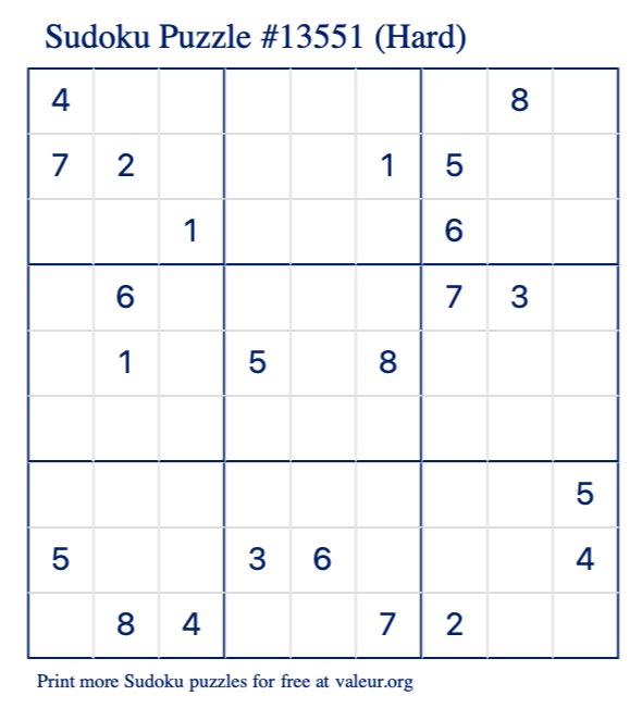 Free Printable Hard Sudoku Puzzle number 13551