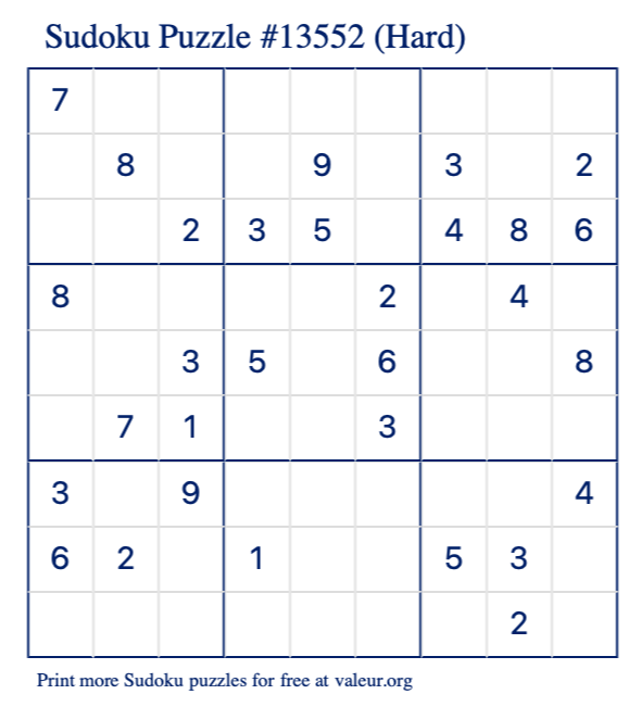 Free Printable Hard Sudoku Puzzle number 13552