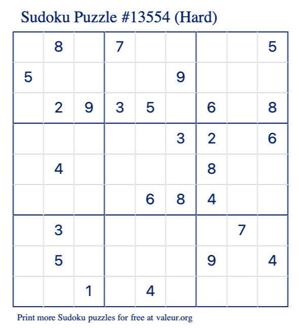 Free Printable Hard Sudoku Puzzle number 13554