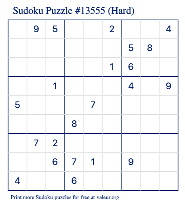 Free Printable Hard Sudoku Puzzle number 13555