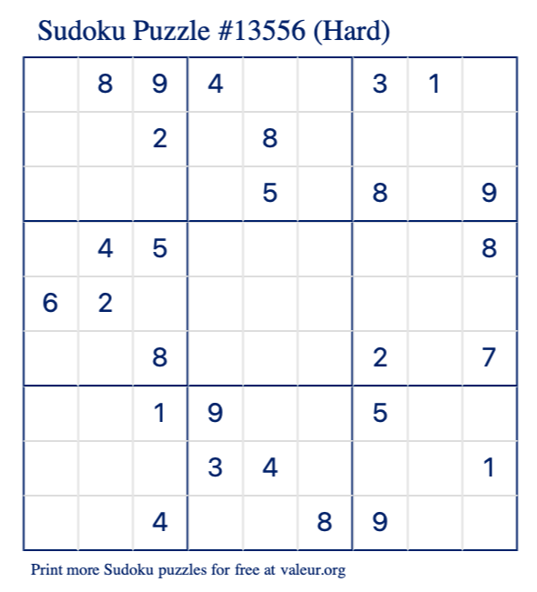 Free Printable Hard Sudoku Puzzle number 13556