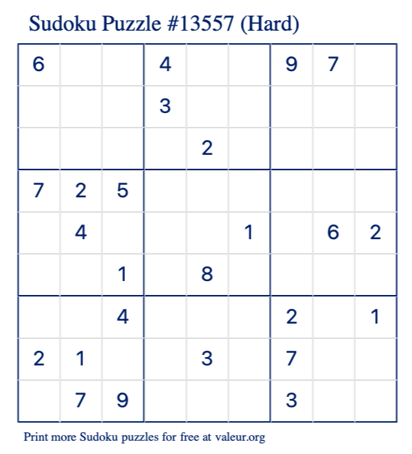 Free Printable Hard Sudoku Puzzle number 13557