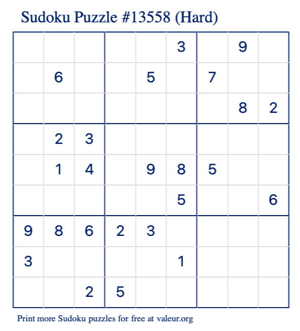 Free Printable Hard Sudoku Puzzle number 13558