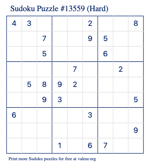 Free Printable Hard Sudoku Puzzle number 13559