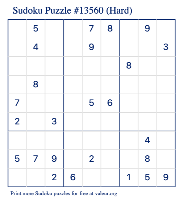 Free Printable Hard Sudoku Puzzle number 13560