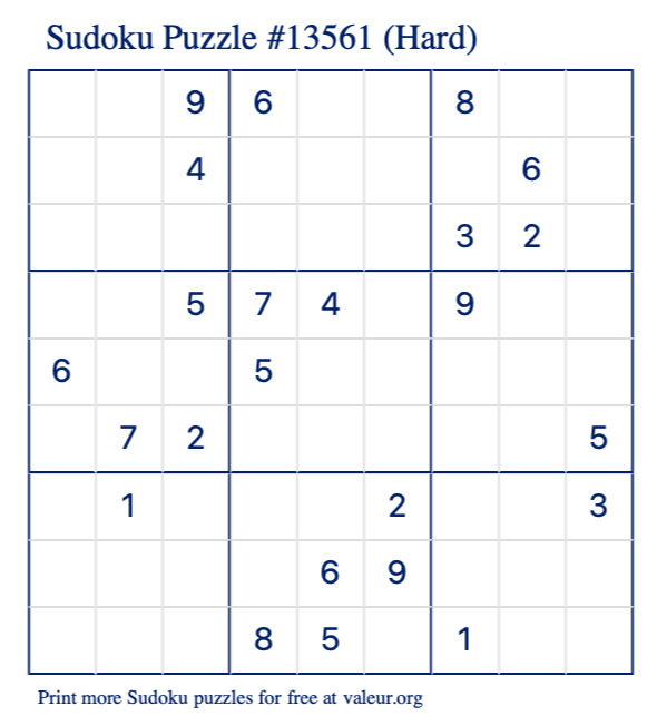 Free Printable Hard Sudoku Puzzle number 13561