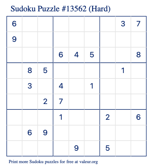 Free Printable Hard Sudoku Puzzle number 13562