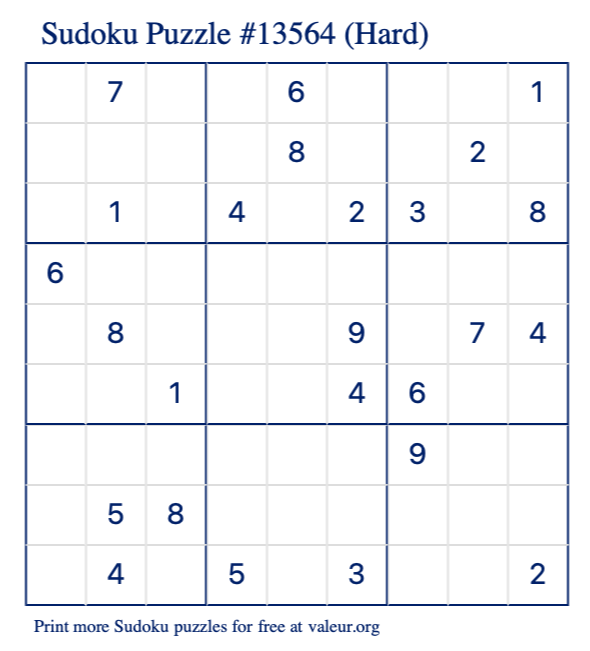 Free Printable Hard Sudoku Puzzle number 13564