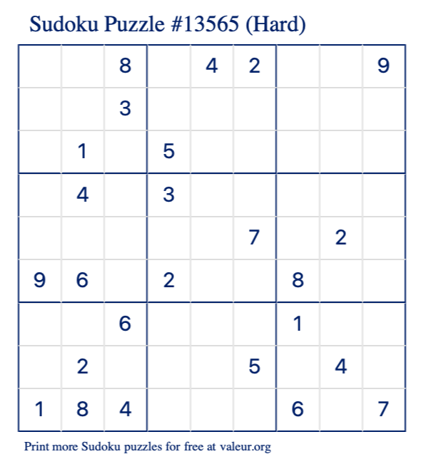 Free Printable Hard Sudoku Puzzle number 13565