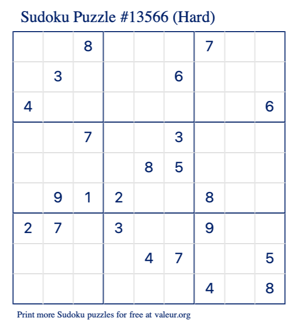 Free Printable Hard Sudoku Puzzle number 13566