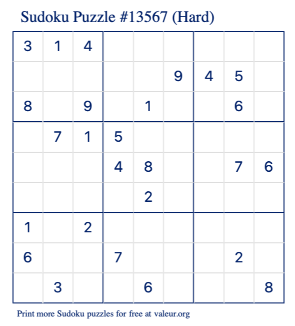 Free Printable Hard Sudoku Puzzle number 13567