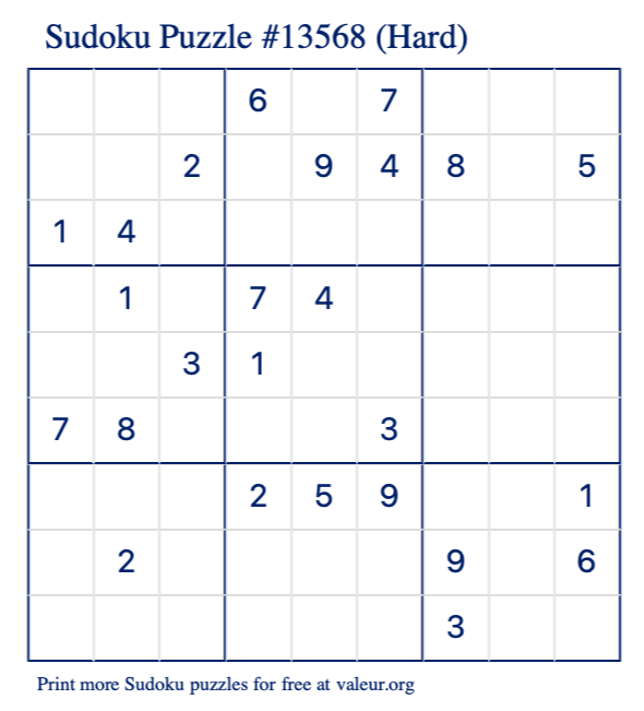 Free Printable Hard Sudoku Puzzle number 13568