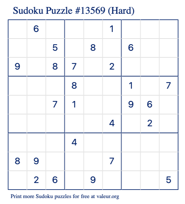 Free Printable Hard Sudoku Puzzle number 13569