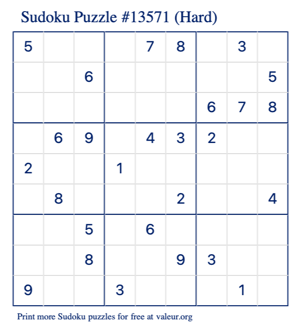 Free Printable Hard Sudoku Puzzle number 13571