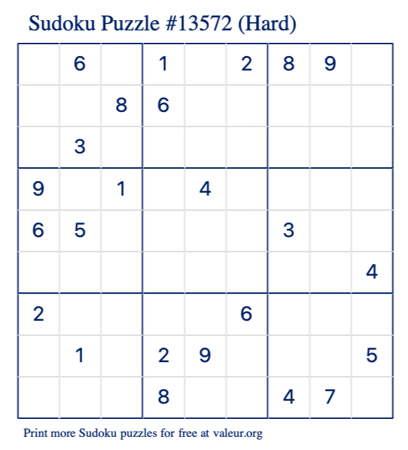 Free Printable Hard Sudoku Puzzle number 13572