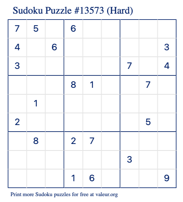 Free Printable Hard Sudoku Puzzle number 13573