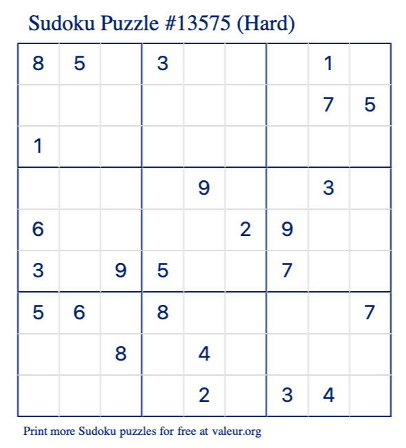 Free Printable Hard Sudoku Puzzle number 13575