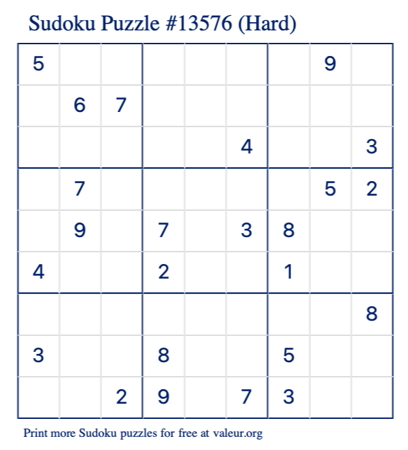 Free Printable Hard Sudoku Puzzle number 13576