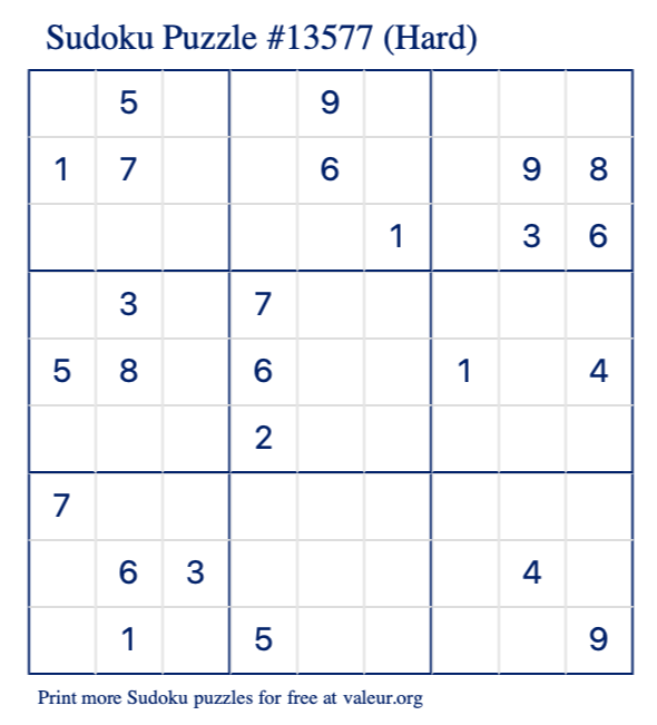 Free Printable Hard Sudoku Puzzle number 13577