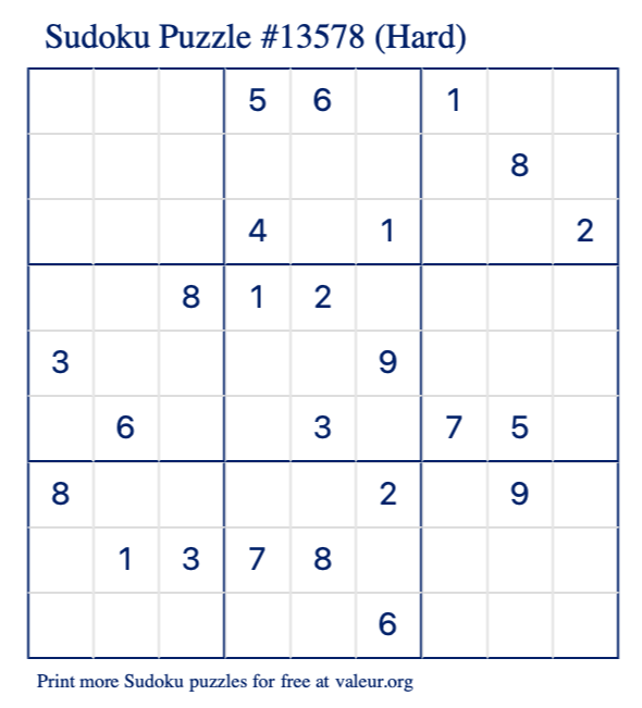 Free Printable Hard Sudoku Puzzle number 13578