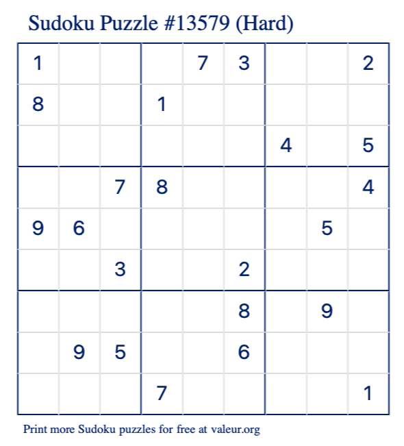 Free Printable Hard Sudoku Puzzle number 13579