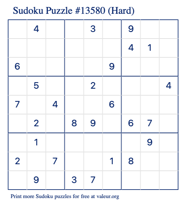 Free Printable Hard Sudoku Puzzle number 13580