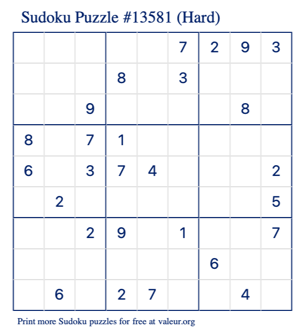 Free Printable Hard Sudoku Puzzle number 13581