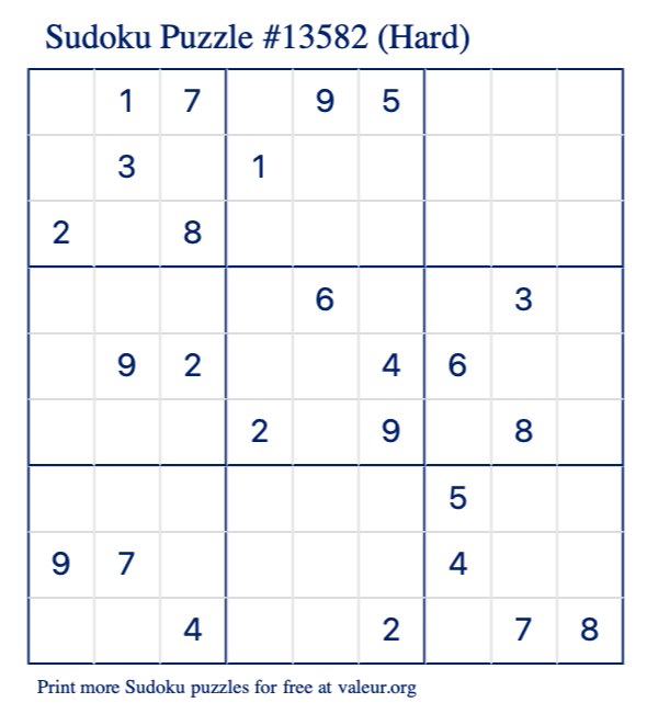 Free Printable Hard Sudoku Puzzle number 13582