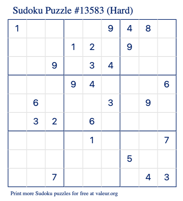 Free Printable Hard Sudoku Puzzle number 13583