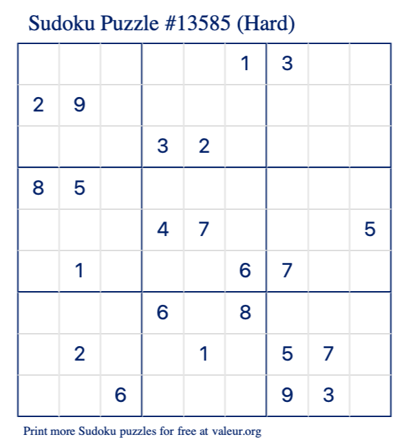 Free Printable Hard Sudoku Puzzle number 13585