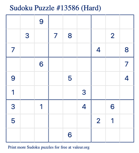 Free Printable Hard Sudoku Puzzle number 13586