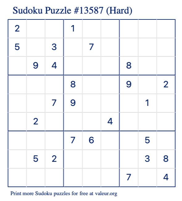 Free Printable Hard Sudoku Puzzle number 13587