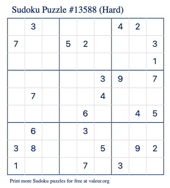 Free Printable Hard Sudoku Puzzle number 13588