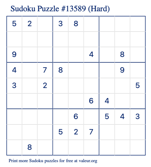 Free Printable Hard Sudoku Puzzle number 13589