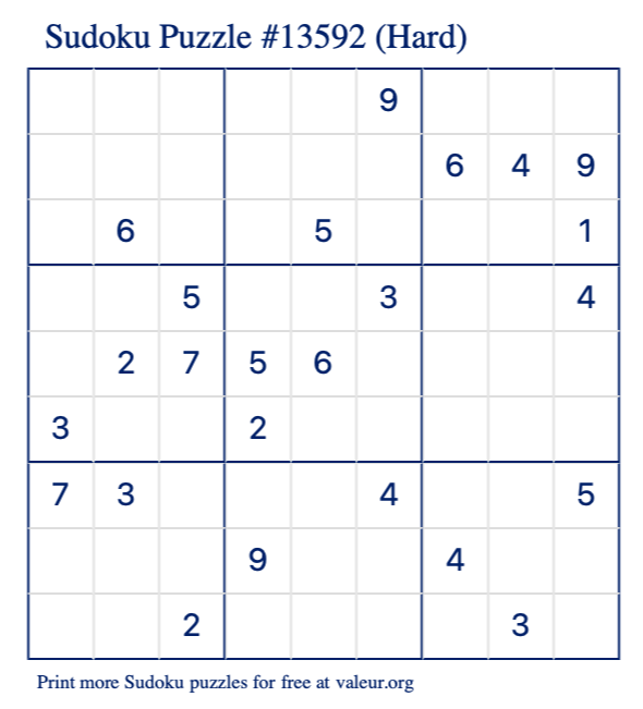 Free Printable Hard Sudoku Puzzle number 13592