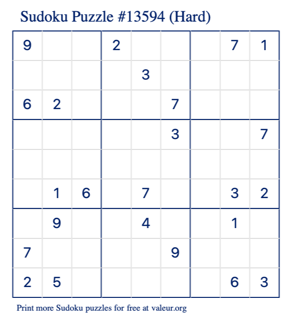 Free Printable Hard Sudoku Puzzle number 13594