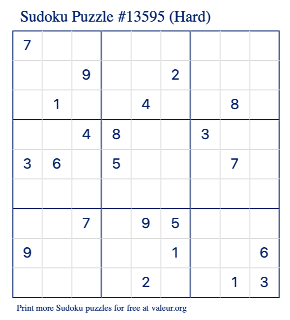 Free Printable Hard Sudoku Puzzle number 13595