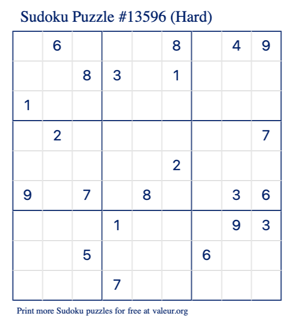 Free Printable Hard Sudoku Puzzle number 13596