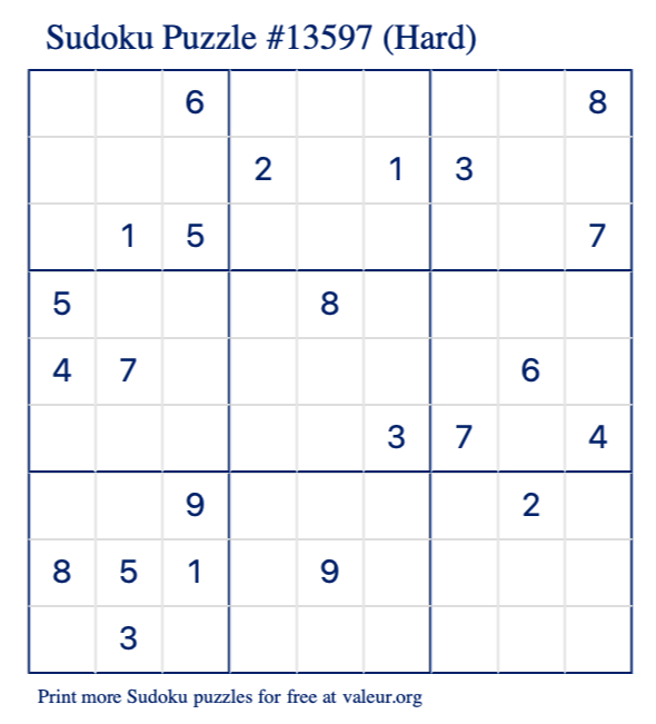 Free Printable Hard Sudoku Puzzle number 13597