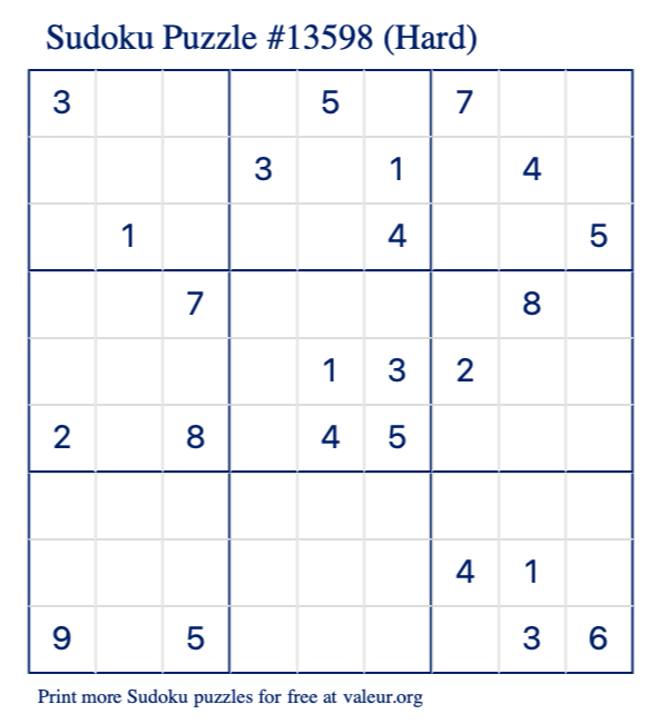 Free Printable Hard Sudoku Puzzle number 13598