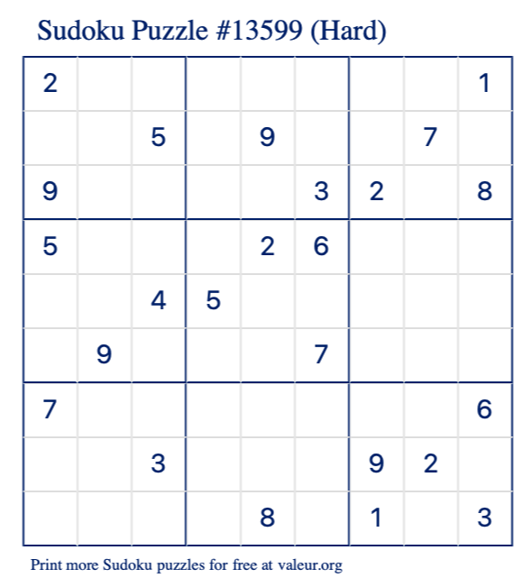 Free Printable Hard Sudoku Puzzle number 13599