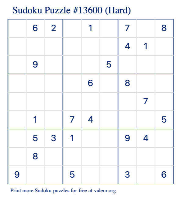 Free Printable Hard Sudoku Puzzle number 13600